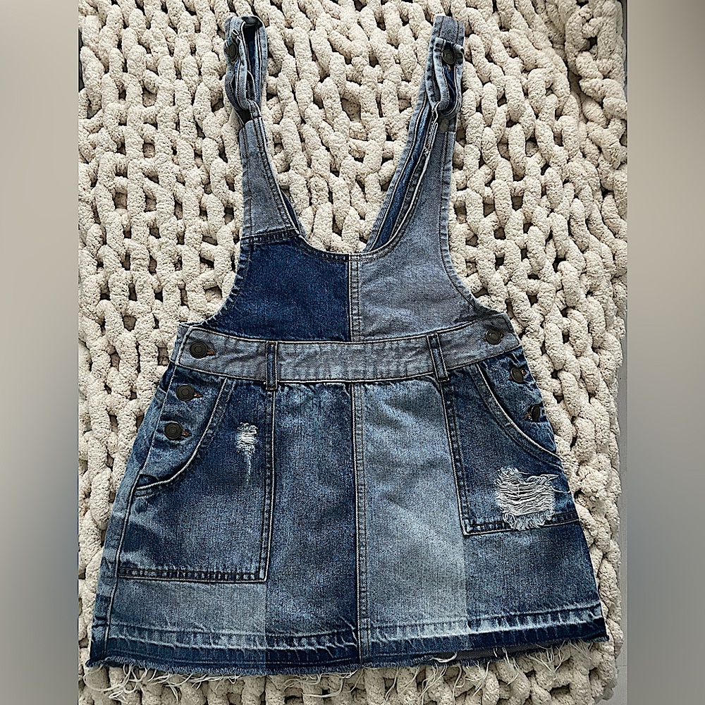 NWOT free people patchwork denim overall mini dress overalls distressed size 2